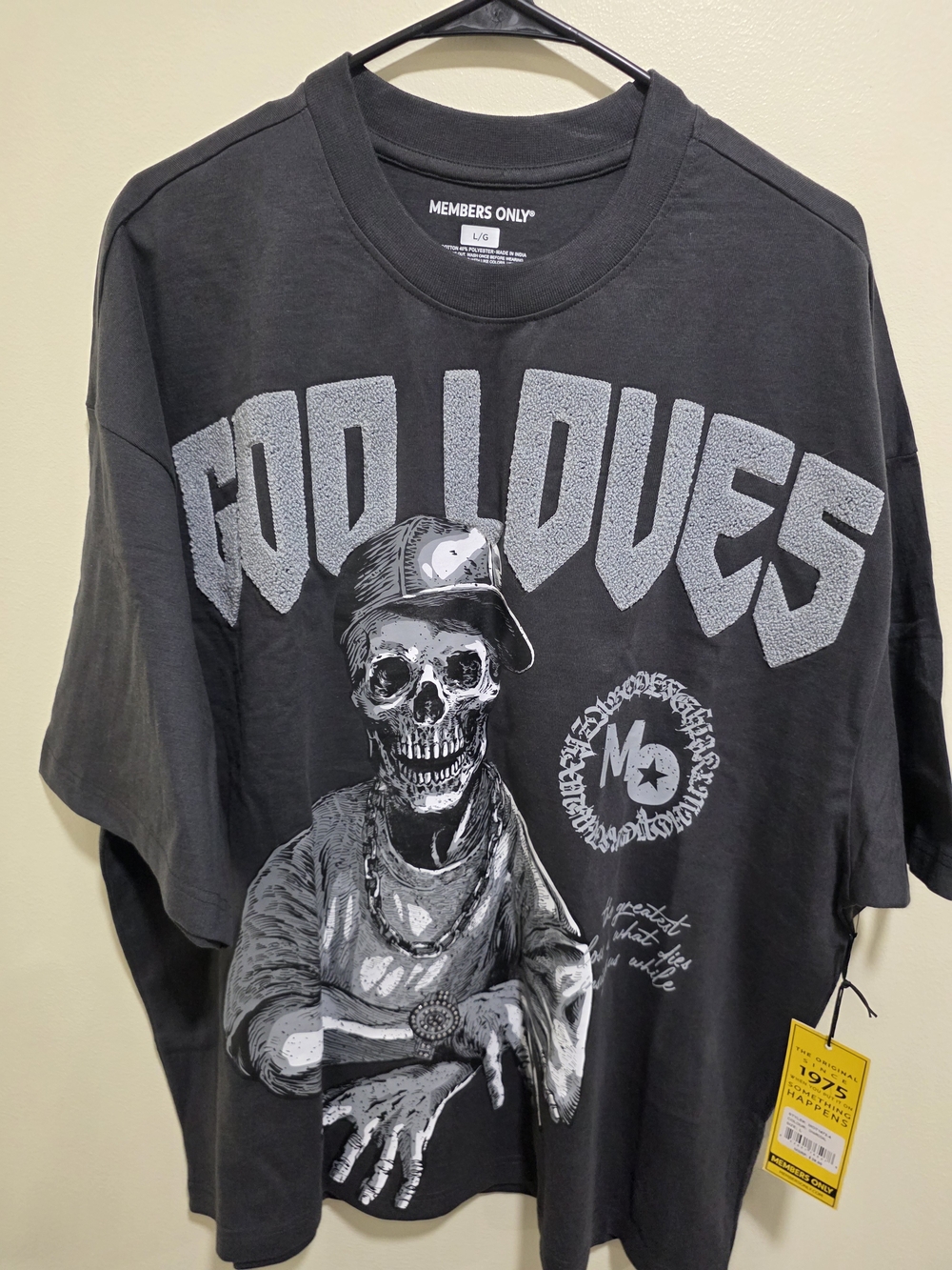 Members Only Black Graphic Skull Tee with 'God Loves' Chenille Print
